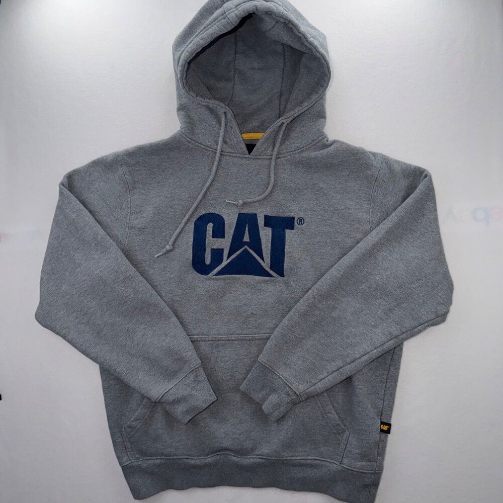 CAT Thick Logo Pullover Hoodie Mens S Heather Gray Embroidered Workwear Sweatshi